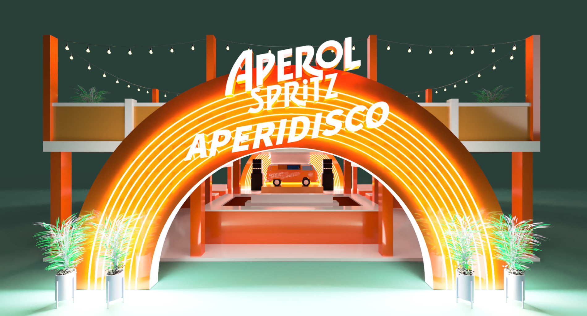 Aperol Spritz Aperidisco activation, a giant illuminated neon rainbow archway with the branded van at its centre